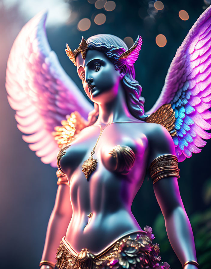 Colorful Female Figure with Wings and Golden Accessories in Fantasy Setting