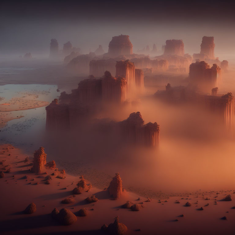 Mystical desert landscape with towering rock formations in dense fog