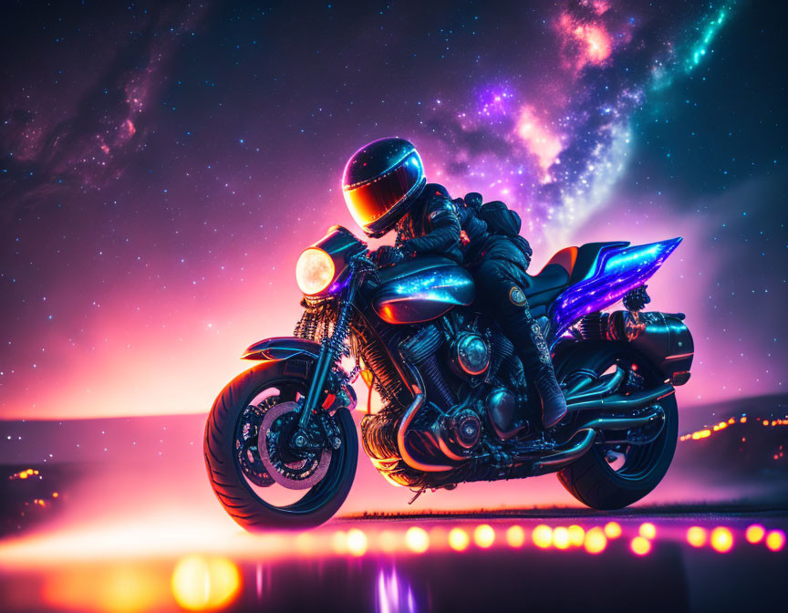 Motorcyclist in Full-Body Suit and Glowing Bike on Reflective Surface