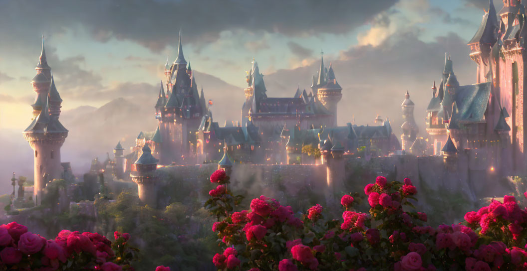 Enchanting castle in picturesque dawn landscape with pink roses and misty backdrop