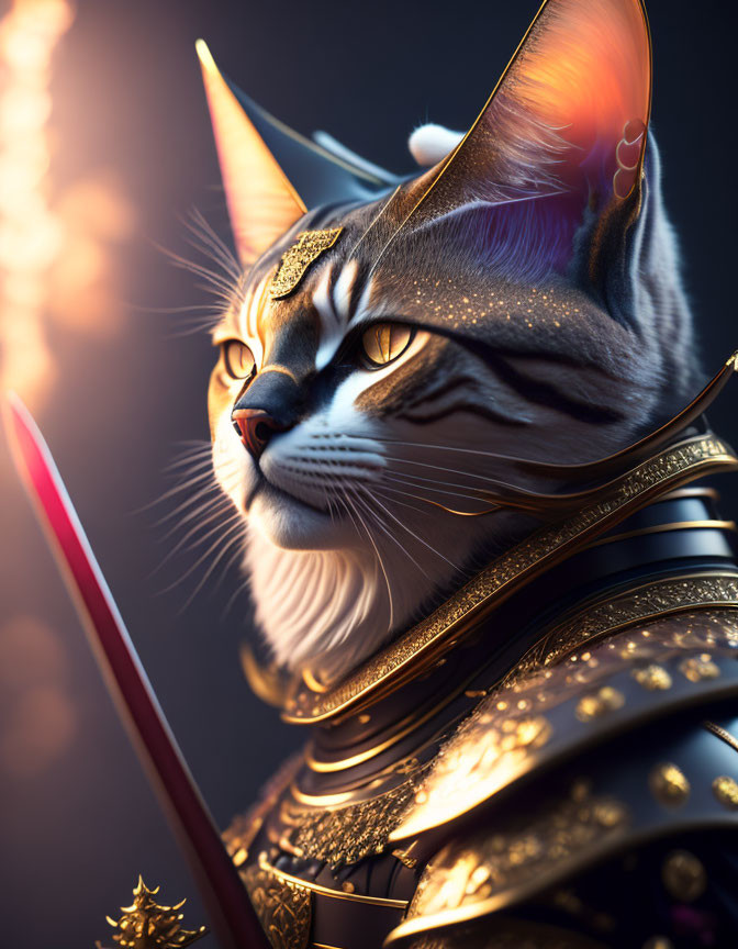 Majestic cat in samurai armor against glowing backdrop