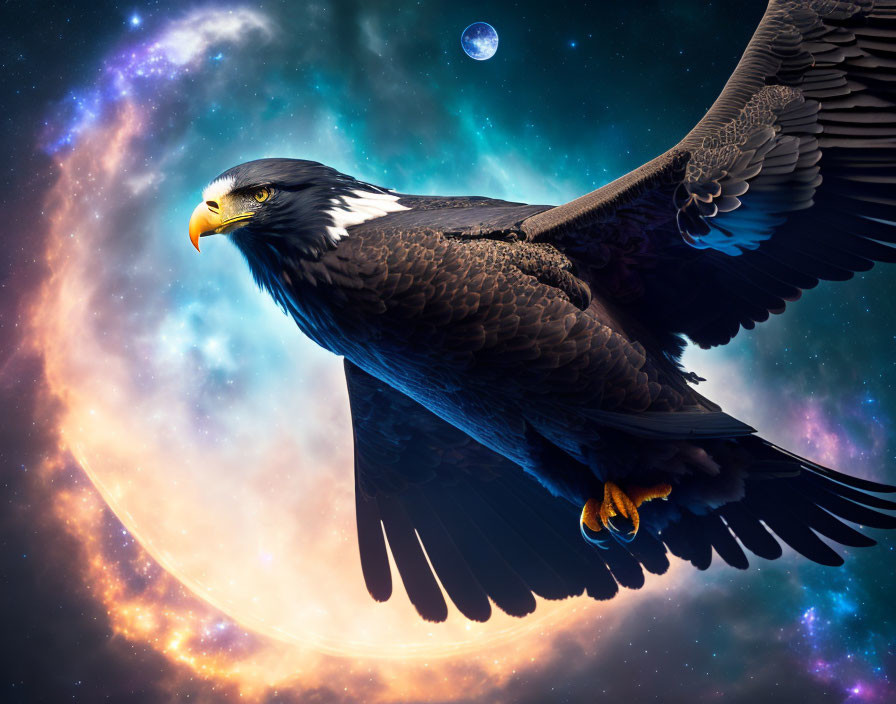 Majestic eagle flying in cosmic scene with stars, nebulae, planet, and moon