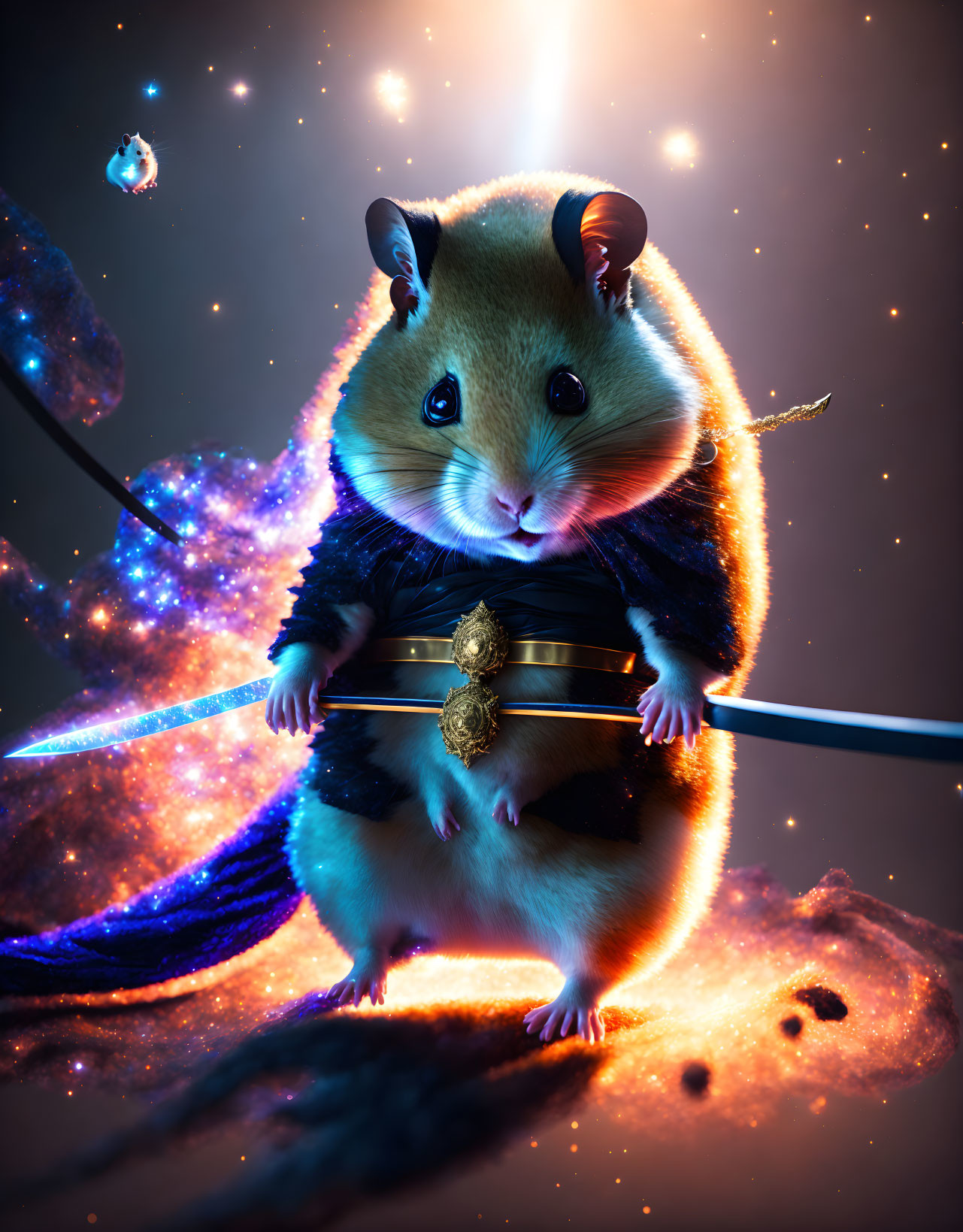 Cosmic warrior hamster with glowing sword in space landscape