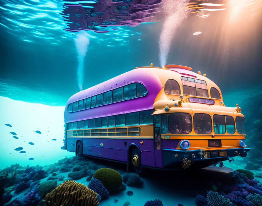 Yellow school bus underwater surrounded by coral reefs and marine life
