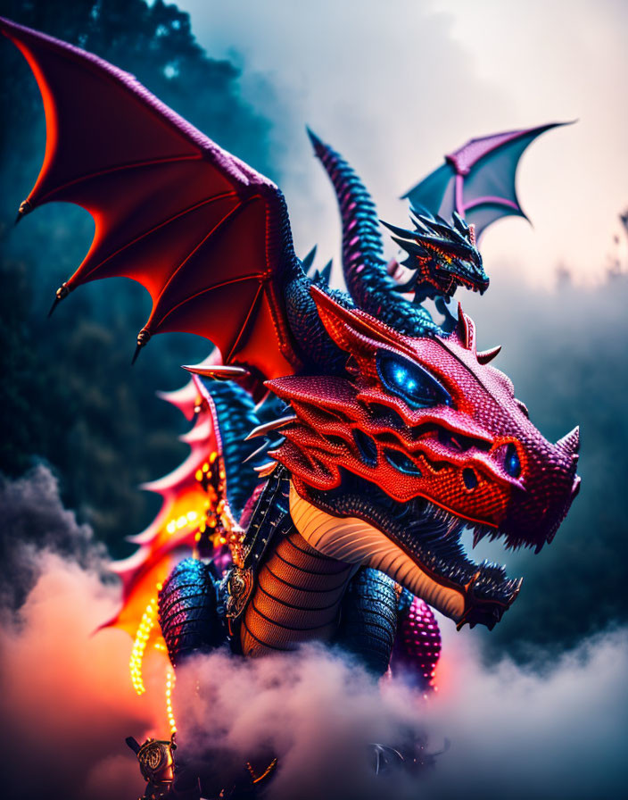 Colorful Dragon Figurine with Red Wings and Blue Eyes in Misty Forest Scene