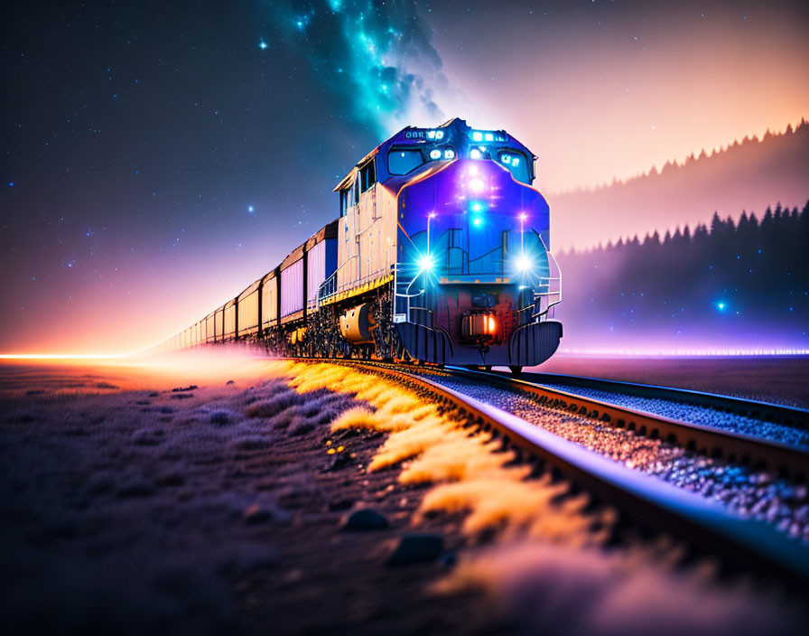 Nighttime Train on Tracks with Starry Sky and Colorful Illumination