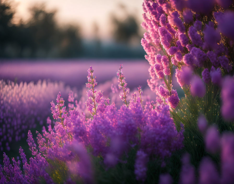 Vibrant Purple Lavender Flowers in Golden Sunlight at Dusk
