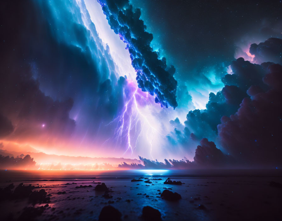 Dramatic nightscape with lightning and aurora borealis over serene beach