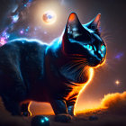 Cosmic-themed cat illustration with starry night sky and celestial bodies on grassy knoll