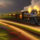 Model steam locomotive pulling carriages through scenic backdrop with colorful flora and misty sky