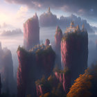 Ancient temples on misty mountain peaks at sunrise
