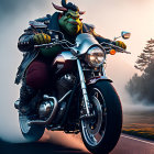 Animated ogre character on red and silver motorcycle in foggy forest road at dusk or dawn