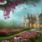Foggy twilight view of grand manor with gardens and roses