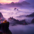Twilight landscape with mountains, sea of clouds, village lights.
