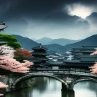 Traditional Japanese architecture with stone bridge and cherry blossoms in misty mountain setting