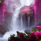Mystical waterfall surrounded by lush foliage and vibrant flowers