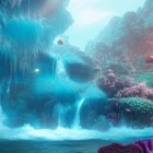 Underwater coral reef scene with surreal waterfall in sunlight