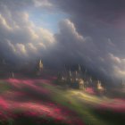 Fantasy landscape at sunrise or sunset with lush gardens, spires, and ethereal city under dramatic
