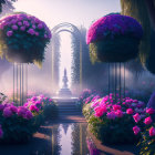 Tranquil garden with topiary trees, floral accents, symmetrical path, and fountain at