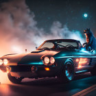 Wolf in classic convertible with fiery graphics under vibrant starry sky