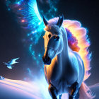 White Horse with Ethereal Mane and Tail on Starry Night Sky