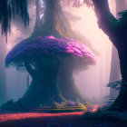 Majestic tree in enchanted forest with purple leaves, mist, and pink petals.