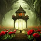 Lush Garden Gateway with Red Roses and Lit Lantern