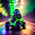 Futuristic green motorbike under swirling neon lights