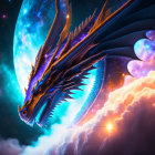 Majestic blue and gold dragon soaring in starry sky
