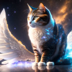 Winged cat surrounded by stars and cosmic energy
