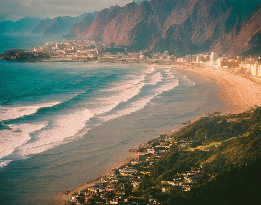 Sunset coastal cityscape with beach, waves, and mountains in warm light