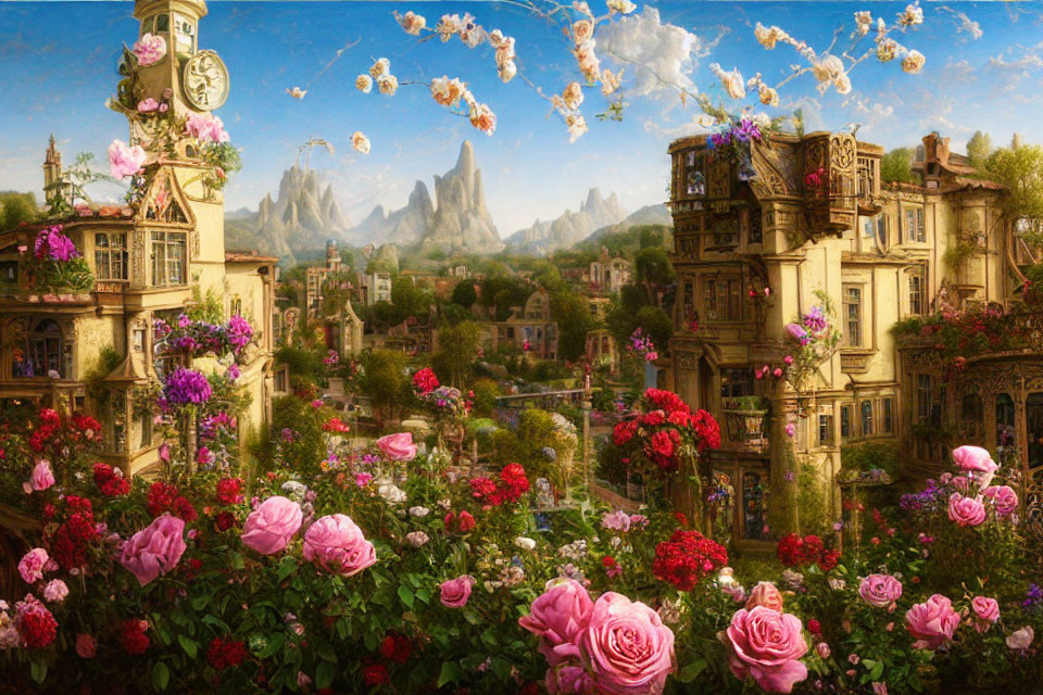 Fantastical cityscape with rose gardens, clock tower, floating islands, and mountains.