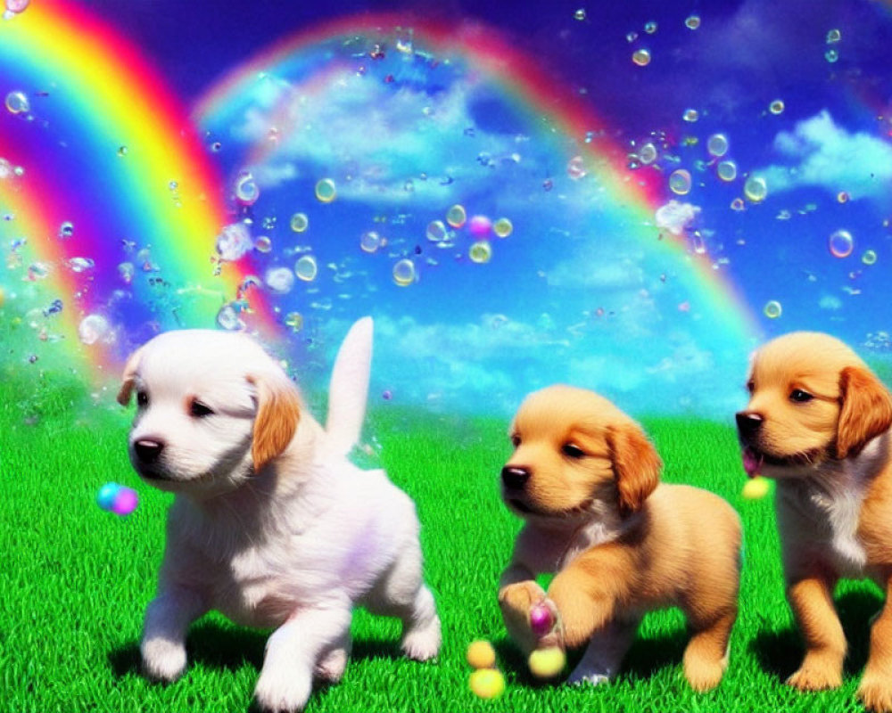 Three playful puppies on vibrant green field with rainbows and soap bubbles