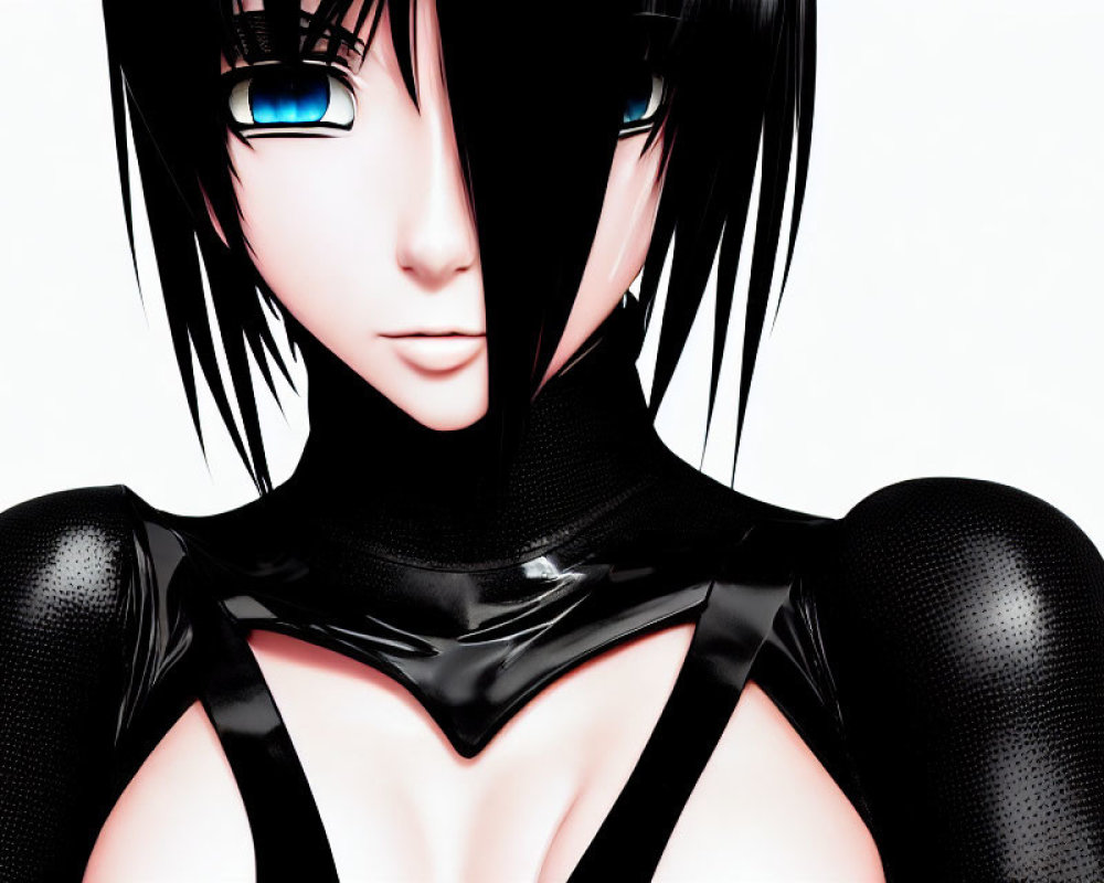Digital Artwork: Female Character with Blue Eyes and Black Outfit
