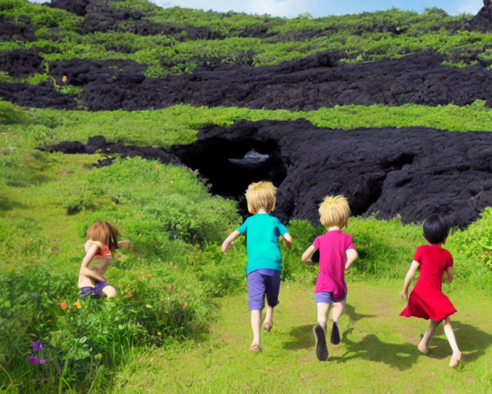 Children running to dark cave in lush greenery and volcanic rocks