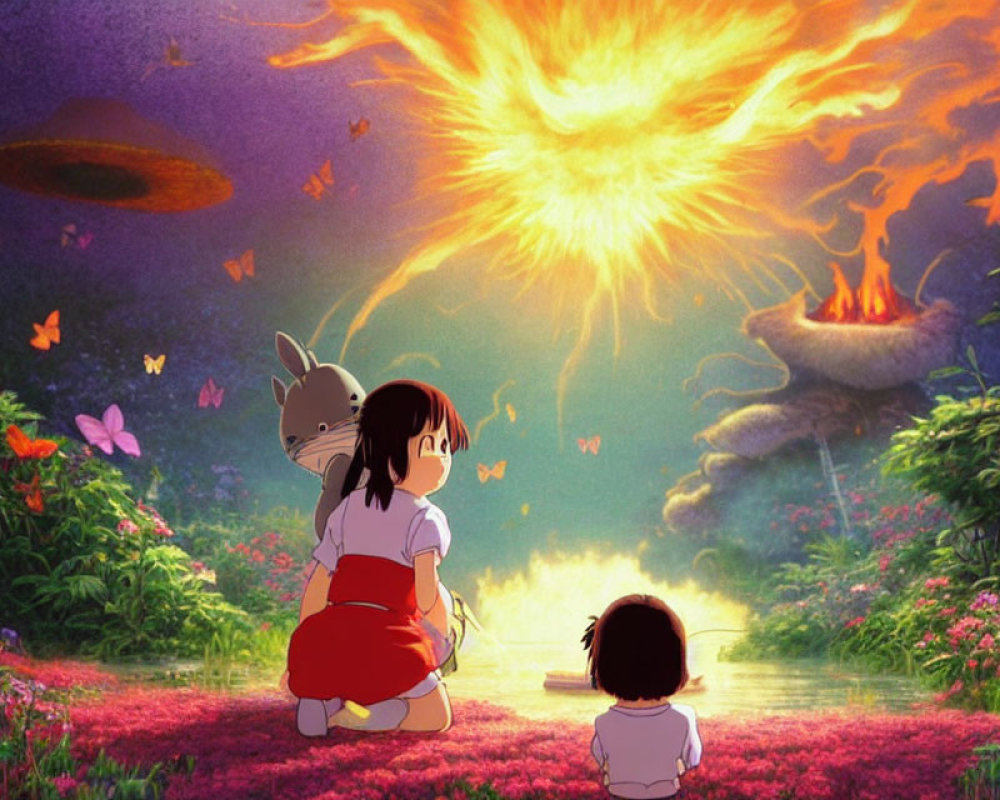 Animated children and fiery phoenix in fantastical scene.