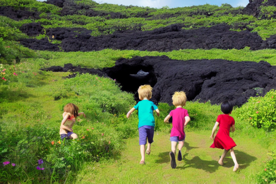 Children running to dark cave in lush greenery and volcanic rocks