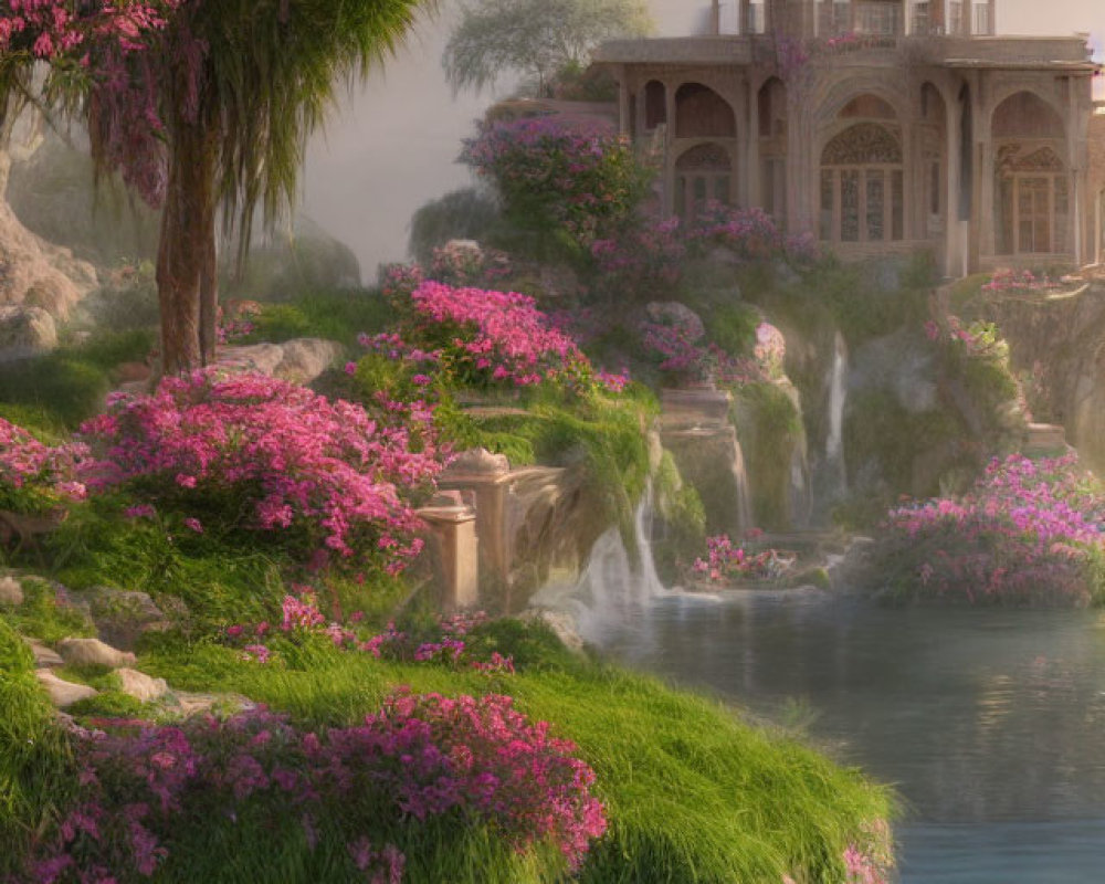 Tranquil landscape with mansion, waterfalls, and lake