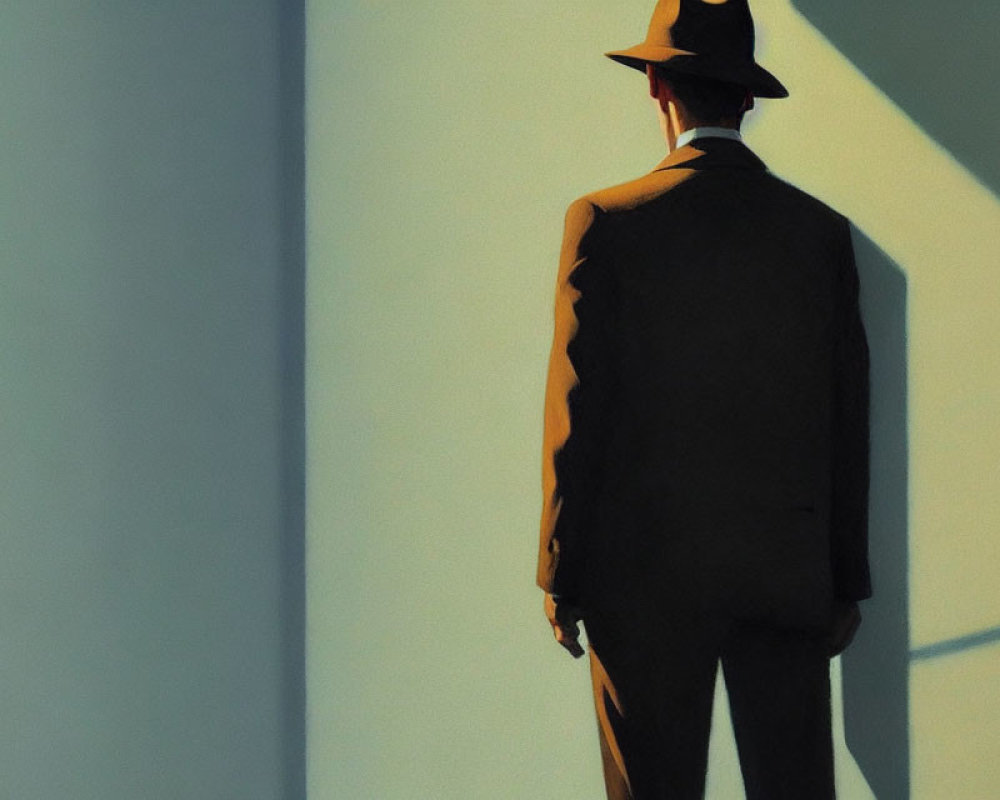Person in Suit and Fedora Casts Long Shadow in Angular Sunlight