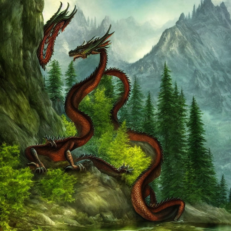 Multi-headed dragon in lush forest with mountains