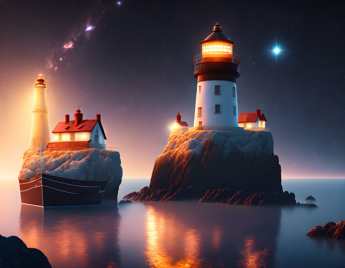Tranquil night scene with lighthouse on cliff and starry sky