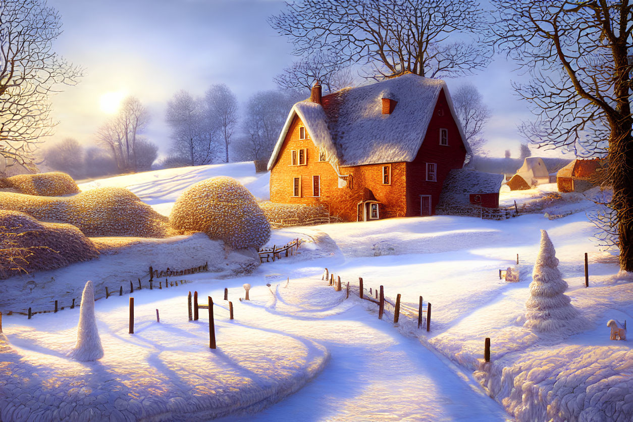 Winter landscape with red-roofed house in snowy setting