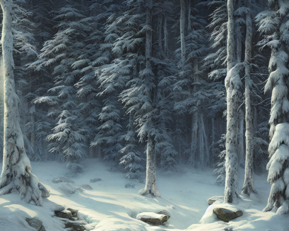 Serene winter forest scene with snow-covered pine trees and sunlight filtering through