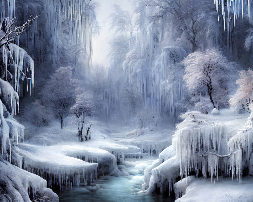 Icy Trees and Frozen Waterfalls in Winter Landscape