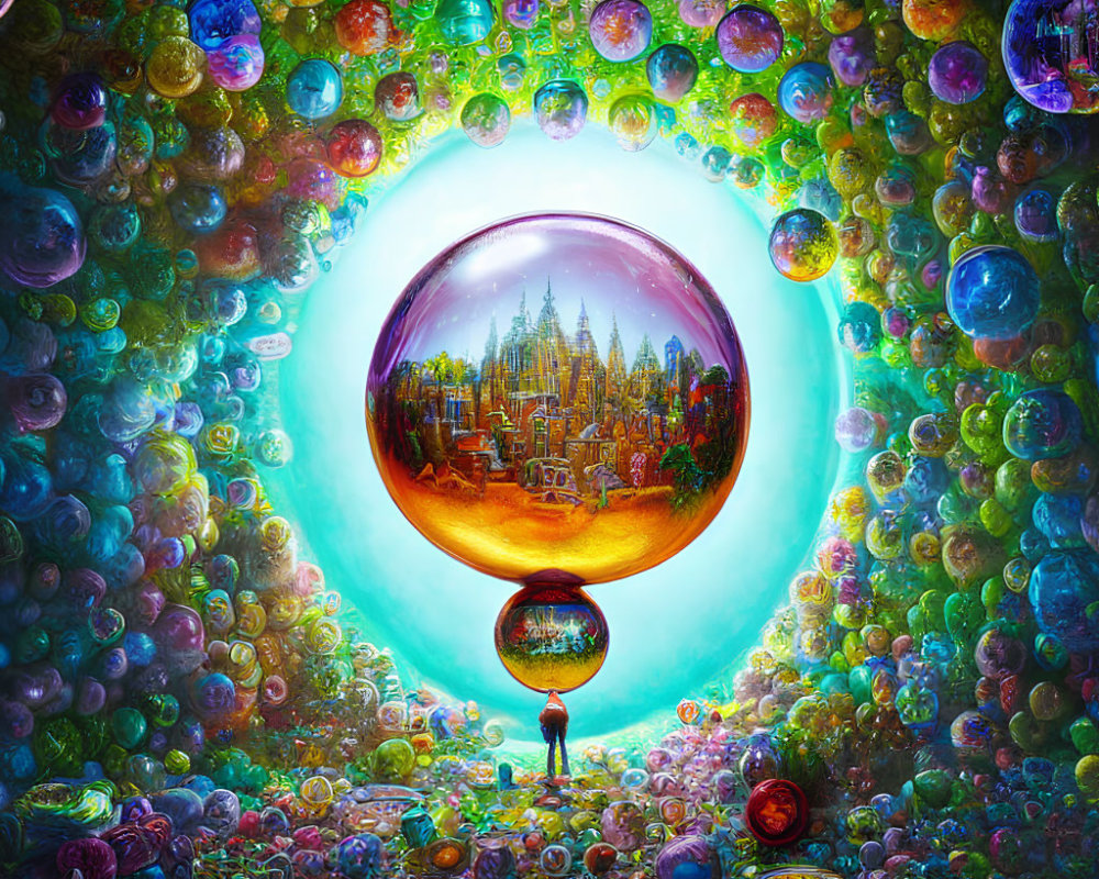 Person surrounded by vibrant cityscape bubbles
