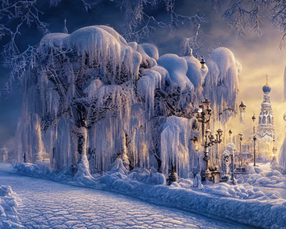 Snow-covered trees and glowing street lamps in winter scene