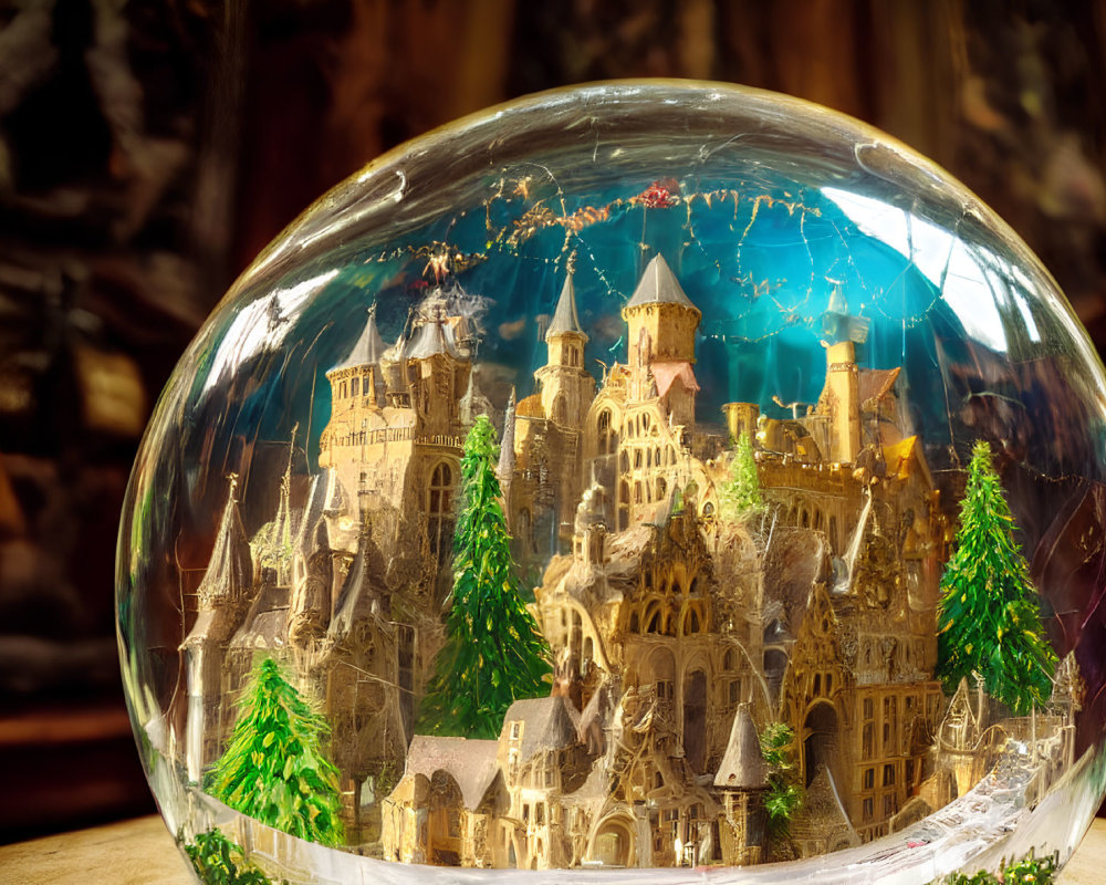Miniature castle with towers and trees in clear glass sphere