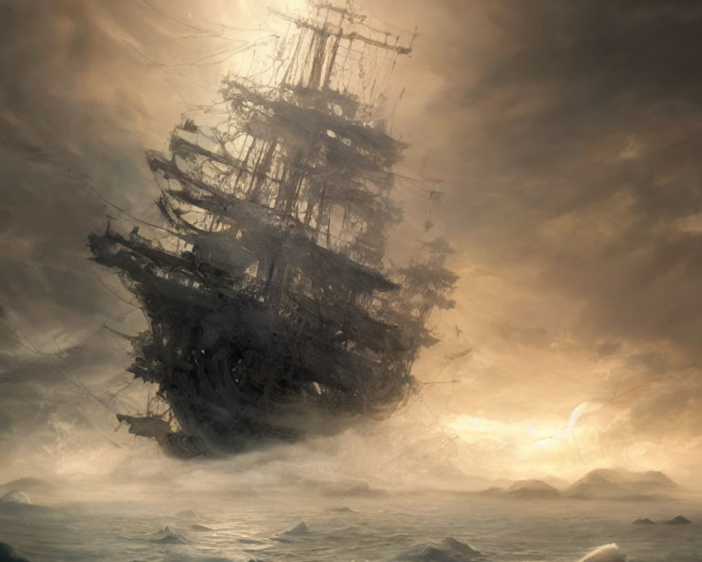Eerie ghost ship with tattered sails in misty seas