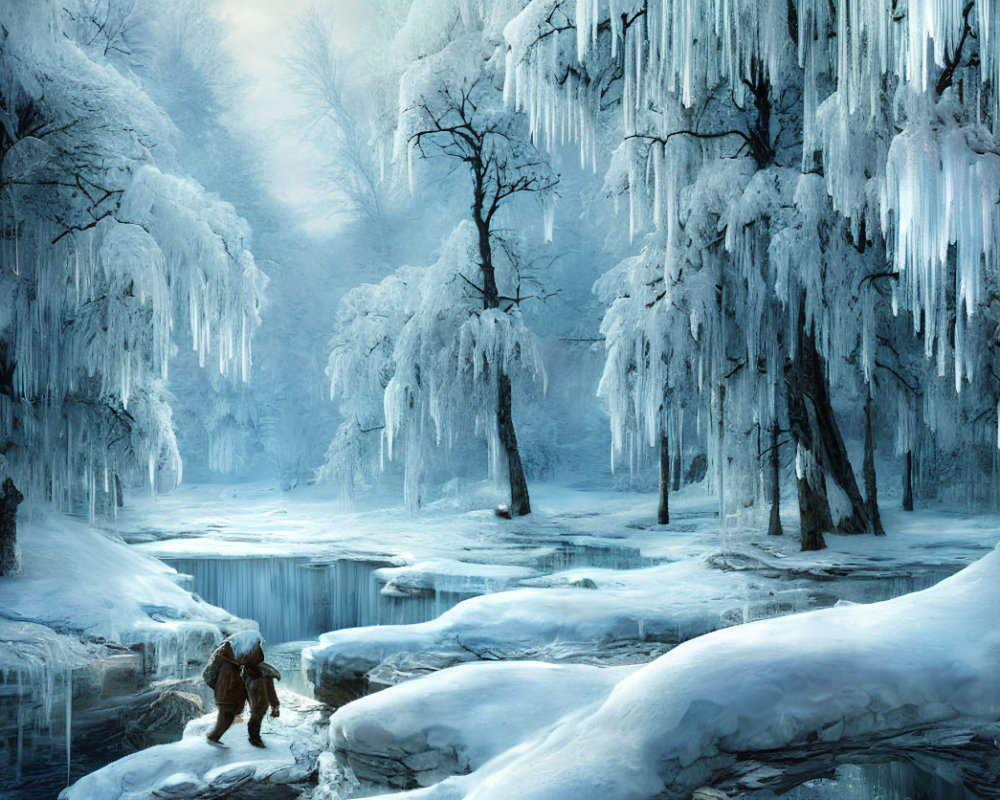 Snowy forest scene with icicles, frozen waterfall, and icy river crossing.
