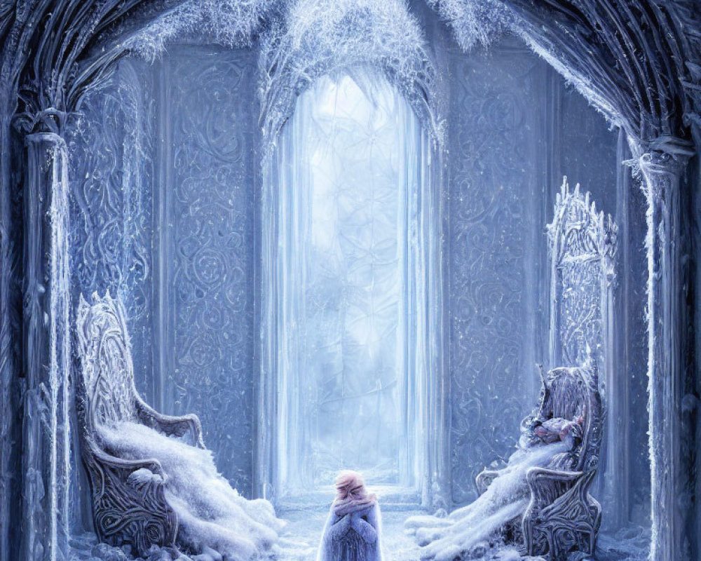 Purple Cloaked Figure in Frosty Throne Room with Icy Architecture